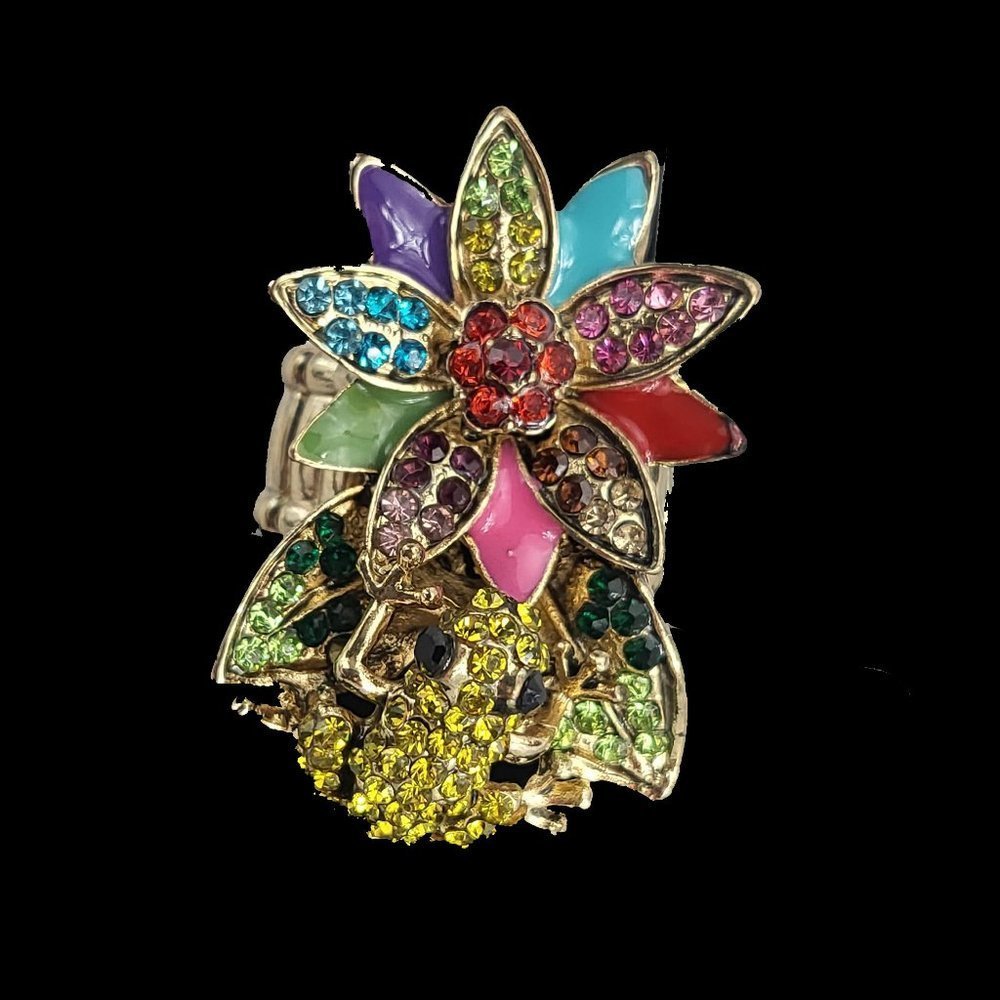Gold Tone Multicolor Bejeweled Stretch Cocktail Ring Frog on Lilypad